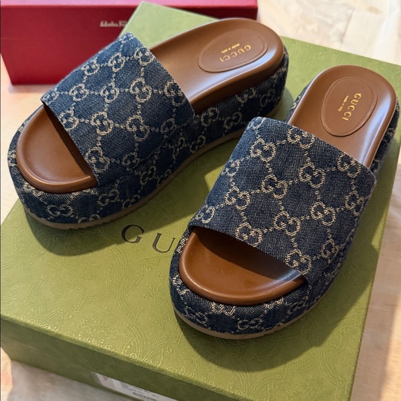 Gucci Shoes - Gucci Denim Monogram Platform Slides